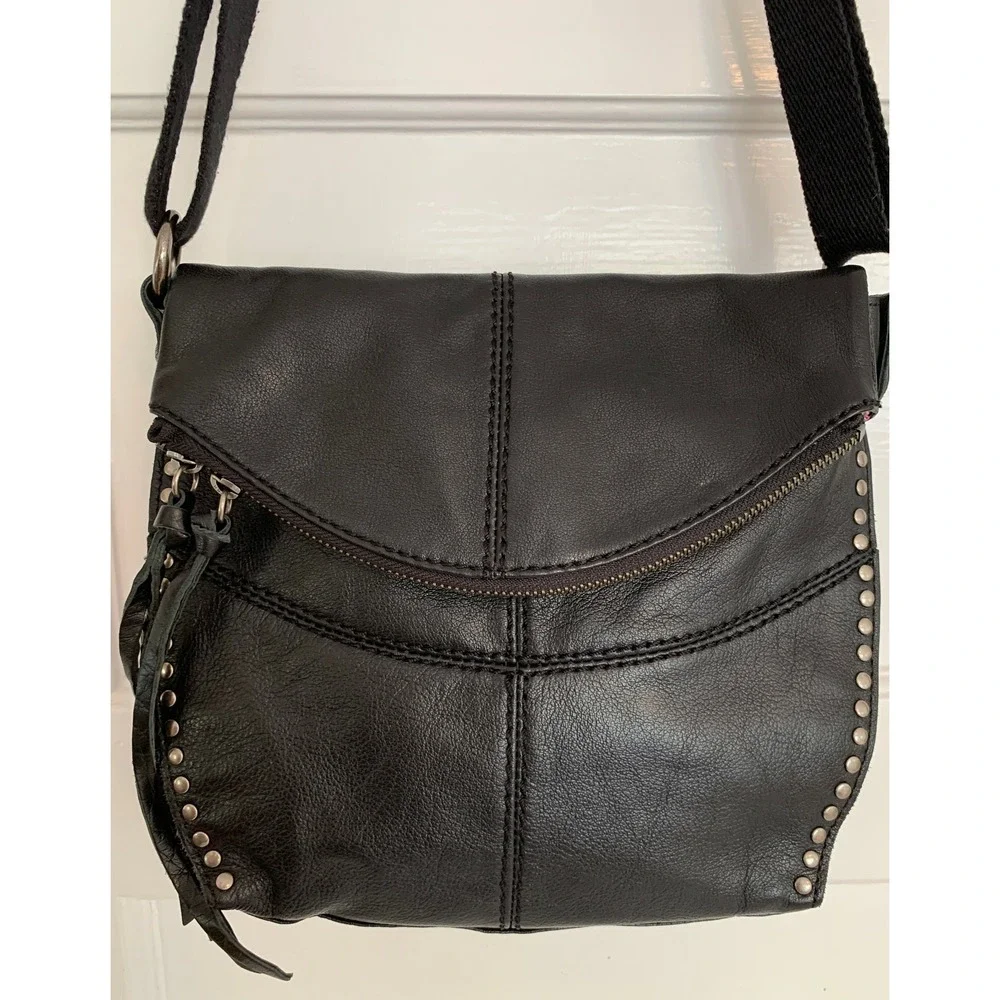 The Sak Silverlake Crossbody Purse / Black Studded Leather Moto Bag w Fringe Zip